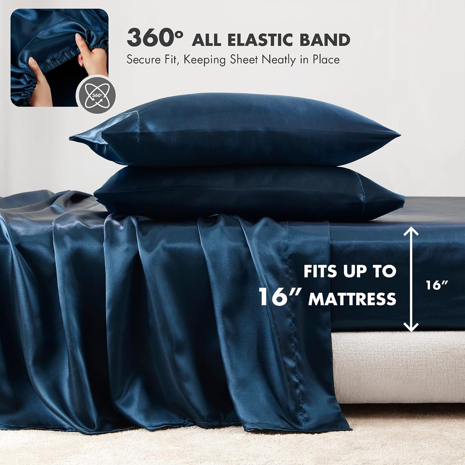 Madisonpark Madison Park Satin Sheets Cal King Size, Luxurious Silky Bed Sheets, Elastic 14" Pocket fits up to 16" Mattress, Wrinkle-Free,…