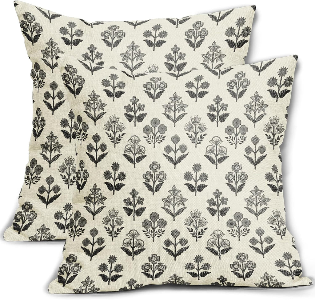 Black Grey Gray Block Print Pillow Covers 18x18 Inch Set of 2, Vintage Floral Decorative Throw Pillow Cases Boho Cushion Covers Rustic…