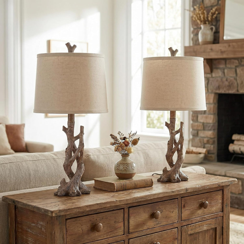 OYEARS 23" Rustic Farmhouse Table Lamp Country Cottage Lamps for Nightstand Tree Trunk Wood Grain Lamp for Bedroom Living Room with…