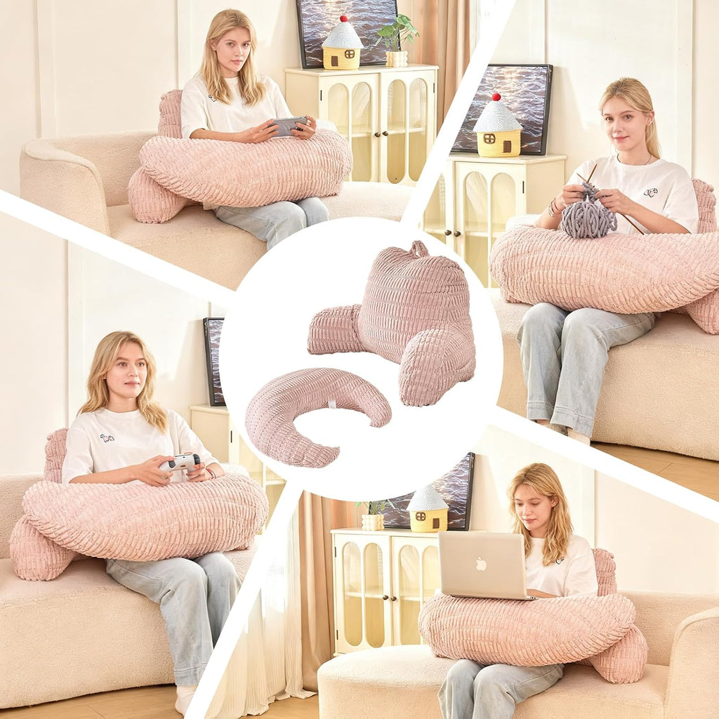 Pajeo 19" Corduroy Reading Pillow for Bed, Durable Striped Backrest Cushion with Lumbar Support & Arms, Firm Support Ergonomic Lounger for Ba…