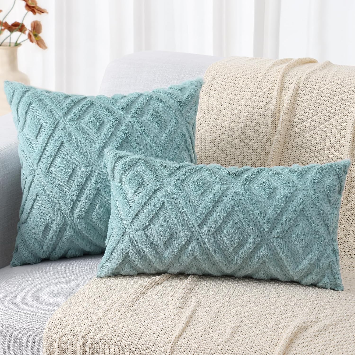 decorUhome Summer Couch Throw Pillow Covers 18x18 Set of 2, Decorative Soft Plush Faux Fur Wool Accent Pillow Covers for Modern Farmhouse B…