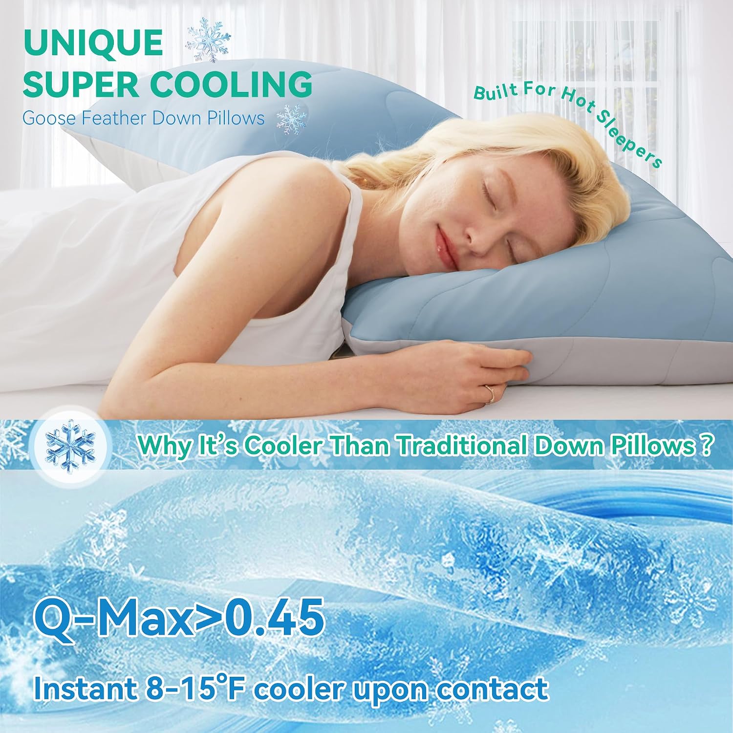ThreeGeese Three Geese Cooling Goose Feather Down Pillows King Size Set of 2, Q-Max>0.45, Cool Hotel Bed Pillows for Hot Sleepers, Washable…