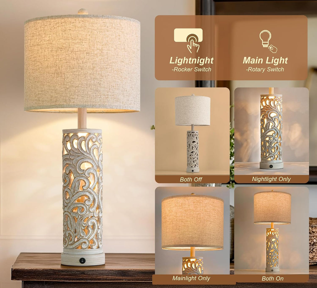 OYEARS 2-in-1 Light Table Lamp Set of 2 for Living Room, 28.5" Farmhouse Bedside Lamps with USB Charging Port, Main&Night Light & Dual…