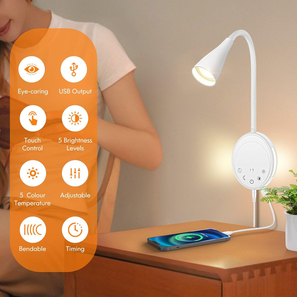 SANKEDOU LED Wall Mounted Reading Light, Book Light for Reading in Bed with Touch Control, 5 Dimmable, USB Output, Night Light & Timers…