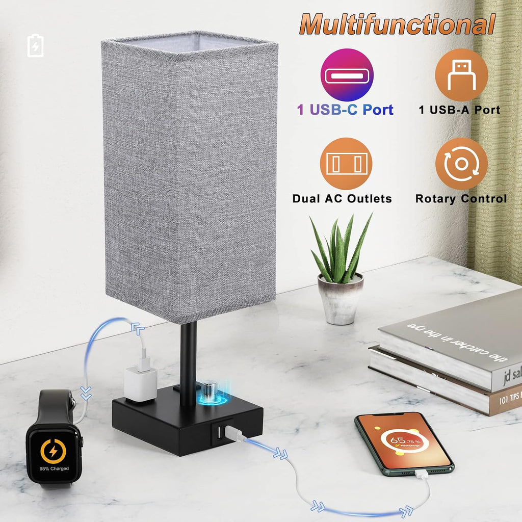 aooshine Gray Fully Dimmable Nightstand Lamps Set of 2 - Table Bedside Lamp with USB C+A Charging Ports & 2 AC Outlets, Square Lamp Sets…