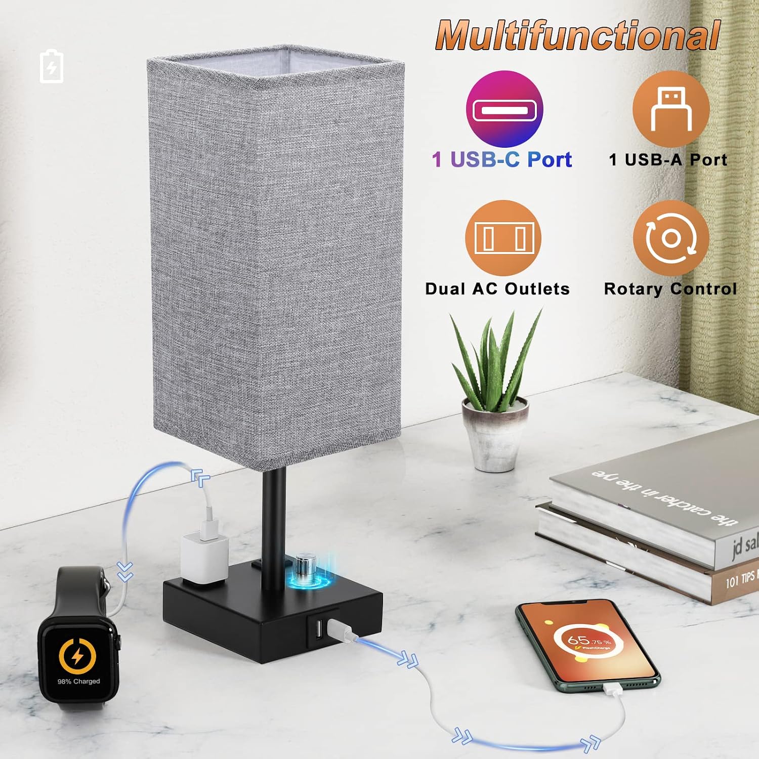 aooshine Gray Fully Dimmable Nightstand Lamps Set of 2 - Table Bedside Lamp with USB C+A Charging Ports & 2 AC Outlets, Square Lamp Sets…