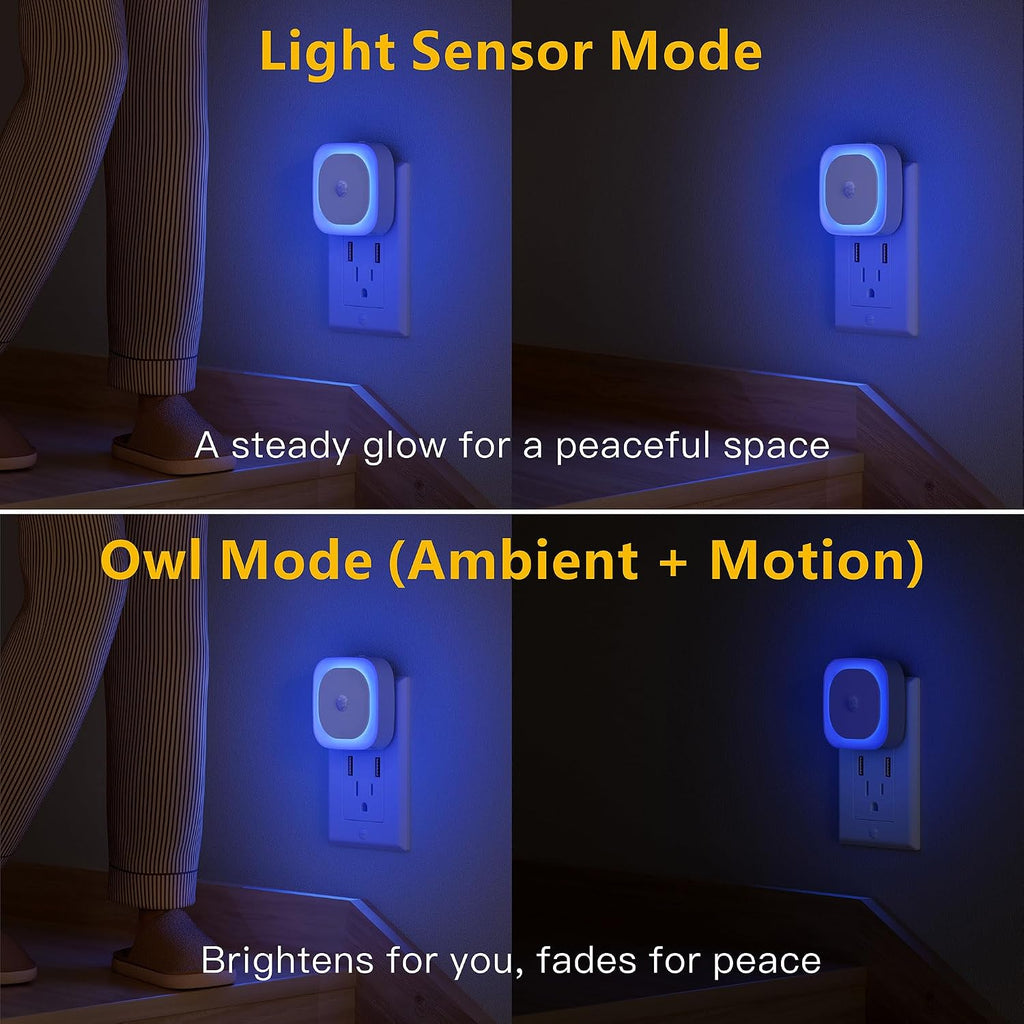 YUNLEX 2 Pack Plug in Night Light with Motion Sensor & Dusk to Dawn Sensor, 3 Sensor Modes, Blue Night Lights Plug into Wall, Dimmable…