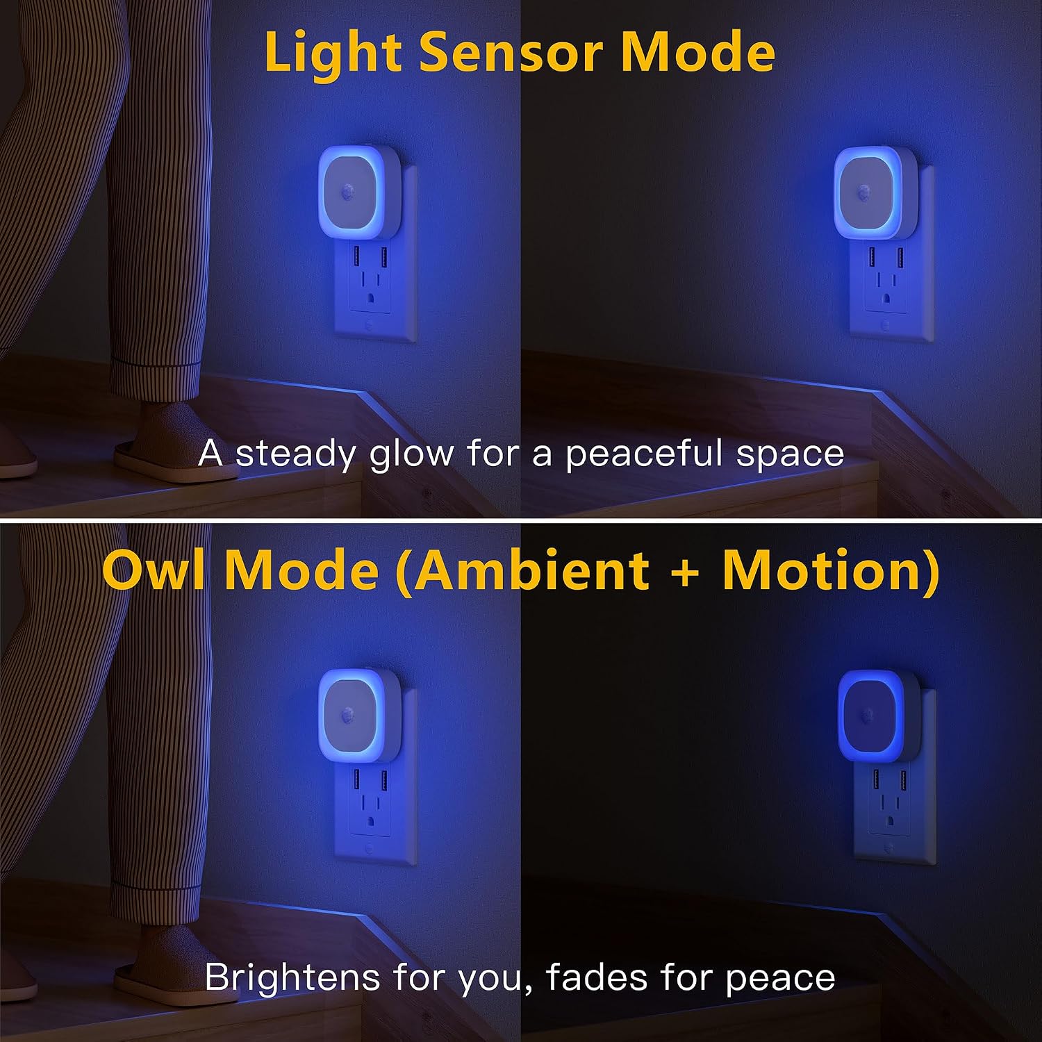 YUNLEX 2 Pack Plug in Night Light with Motion Sensor & Dusk to Dawn Sensor, 3 Sensor Modes, Blue Night Lights Plug into Wall, Dimmable…
