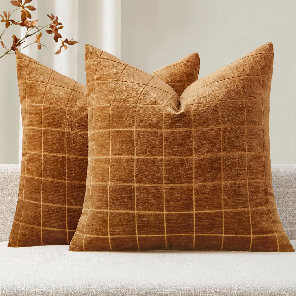 Miulee Decorative Chenille Check Throw Pillow Covers Vintage Plaid Couch Pillows 20x20 Inch Set of 2 Neutral Boho Farmhouse Cushion Covers…