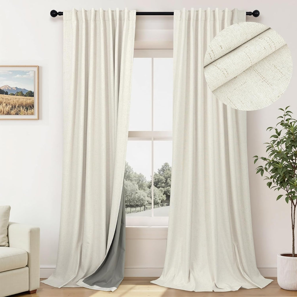 Pitalk 60 Inch Extra Wide Blackout Curtains 108 Inches Long for Living Room Darkening Cream Linen Textured Boho Curtains Thermal Privacy Sl…