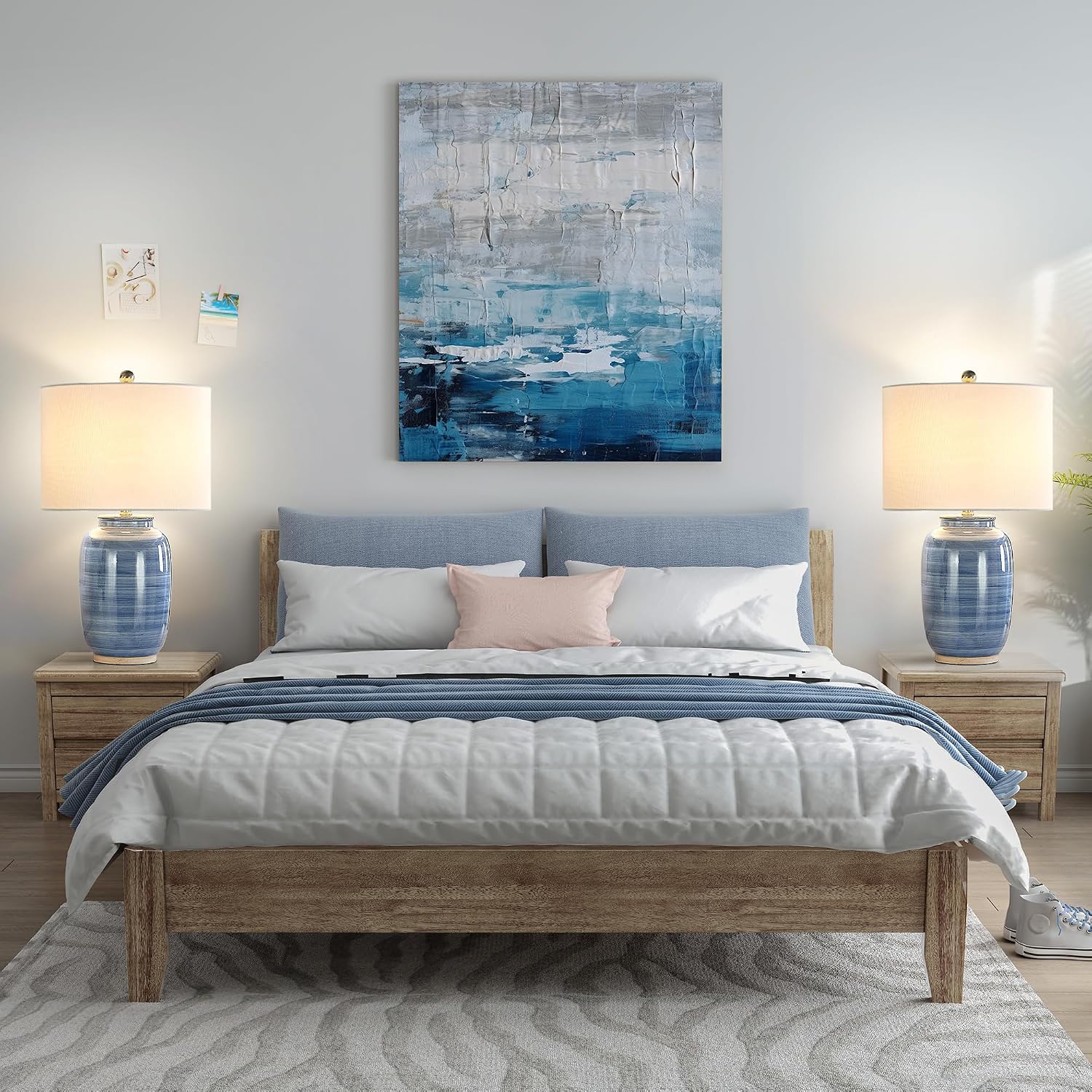 Maxax 25" Blue Table Lamp for Living Room, Modern Ceramic Lamp with White Shade, Coastal Blue Bedside Nightstand Lamp for Bedroom Home…