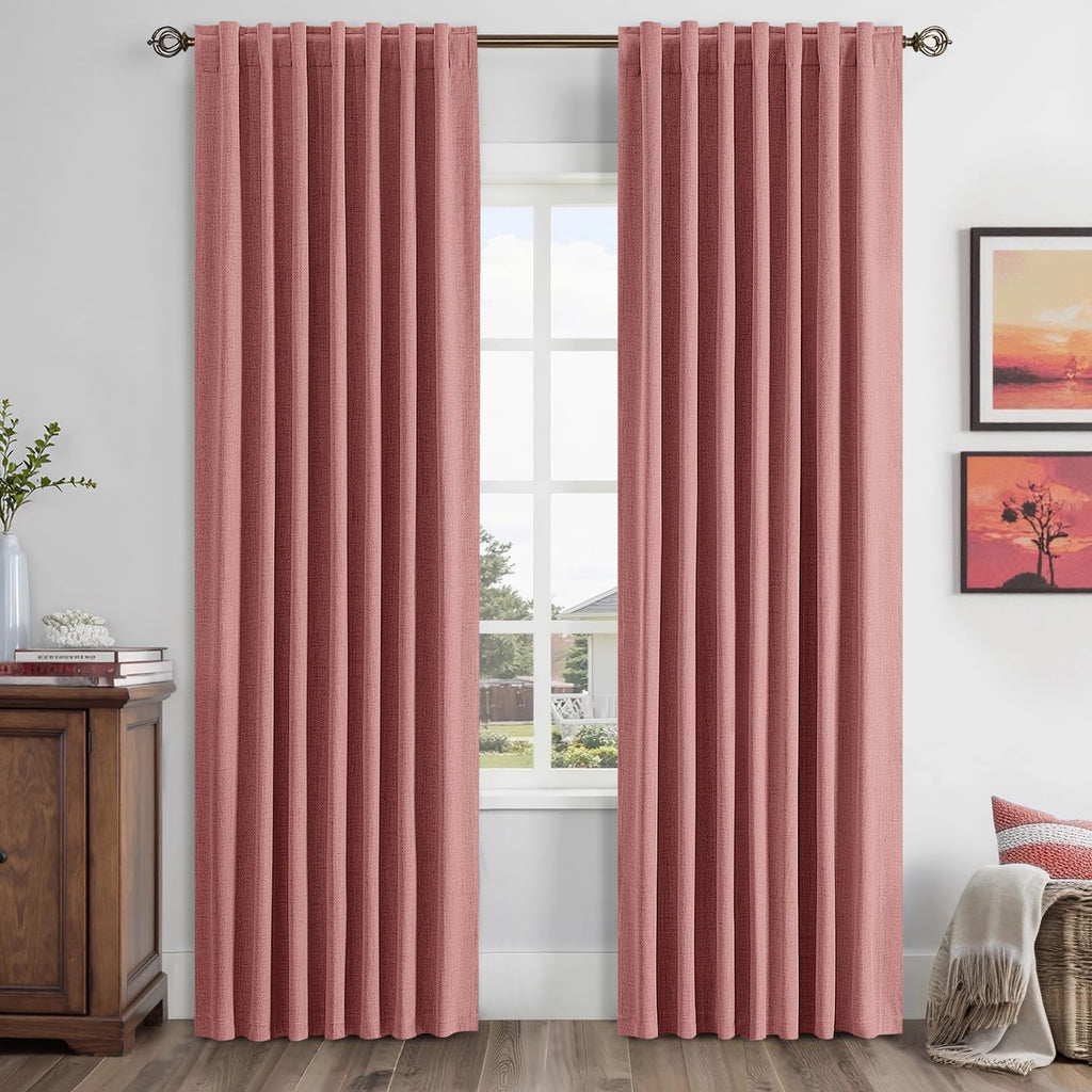 Miulee 100% Blackout Linen Curtains for Bedroom, Dusty Rose Solid Luxury Decor Thermal Insulation Room Darkening Drapes for Living Room Nur…