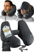 FLOWZOOM Air Inflatable Neck Pillow for Traveling on Plane - H-Shape Hooded Airplane Pillow with 5 Snooze Modes, Fast Inflation, Pressure…