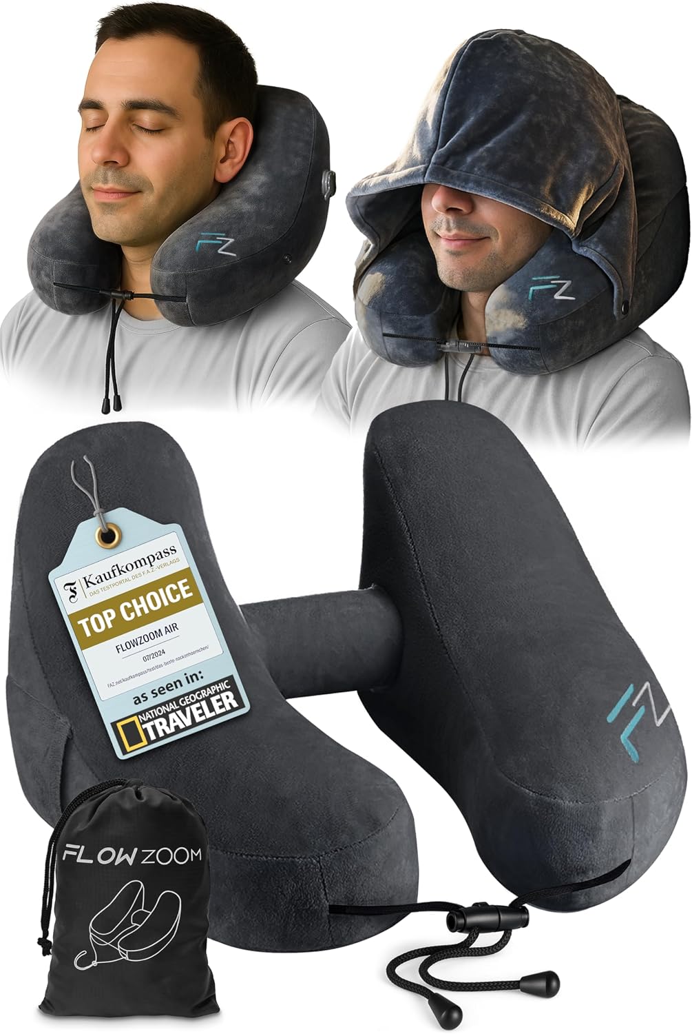 FLOWZOOM Air Inflatable Neck Pillow for Traveling on Plane - H-Shape Hooded Airplane Pillow with 5 Snooze Modes, Fast Inflation, Pressure…
