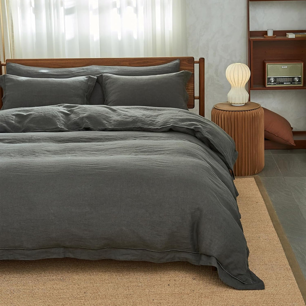 Simple&Opulence 100% Washed Linen Duvet Cover with Embroidered, 2 Pieces Soft Farmhouse Comforter Set with Button Closure,1…
