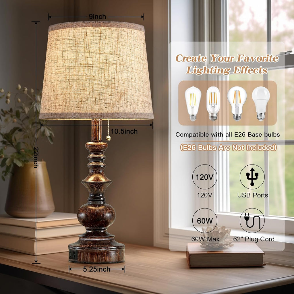 Drawealth 22'' Farmhouse Bedside Table Lamps Set of 2 for Bedroom Nightstand Lamps with USB A+C Charging Ports Traditional Small Table…