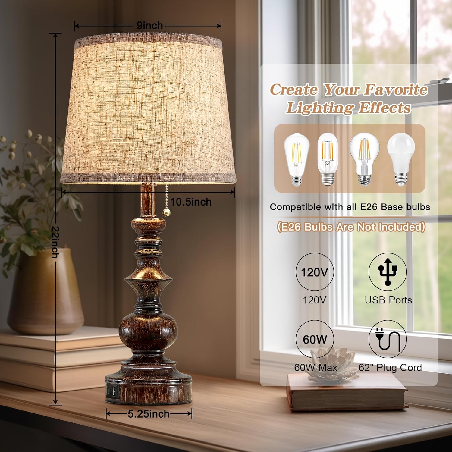 Drawealth 22'' Farmhouse Bedside Table Lamps Set of 2 for Bedroom Nightstand Lamps with USB A+C Charging Ports Traditional Small Table…
