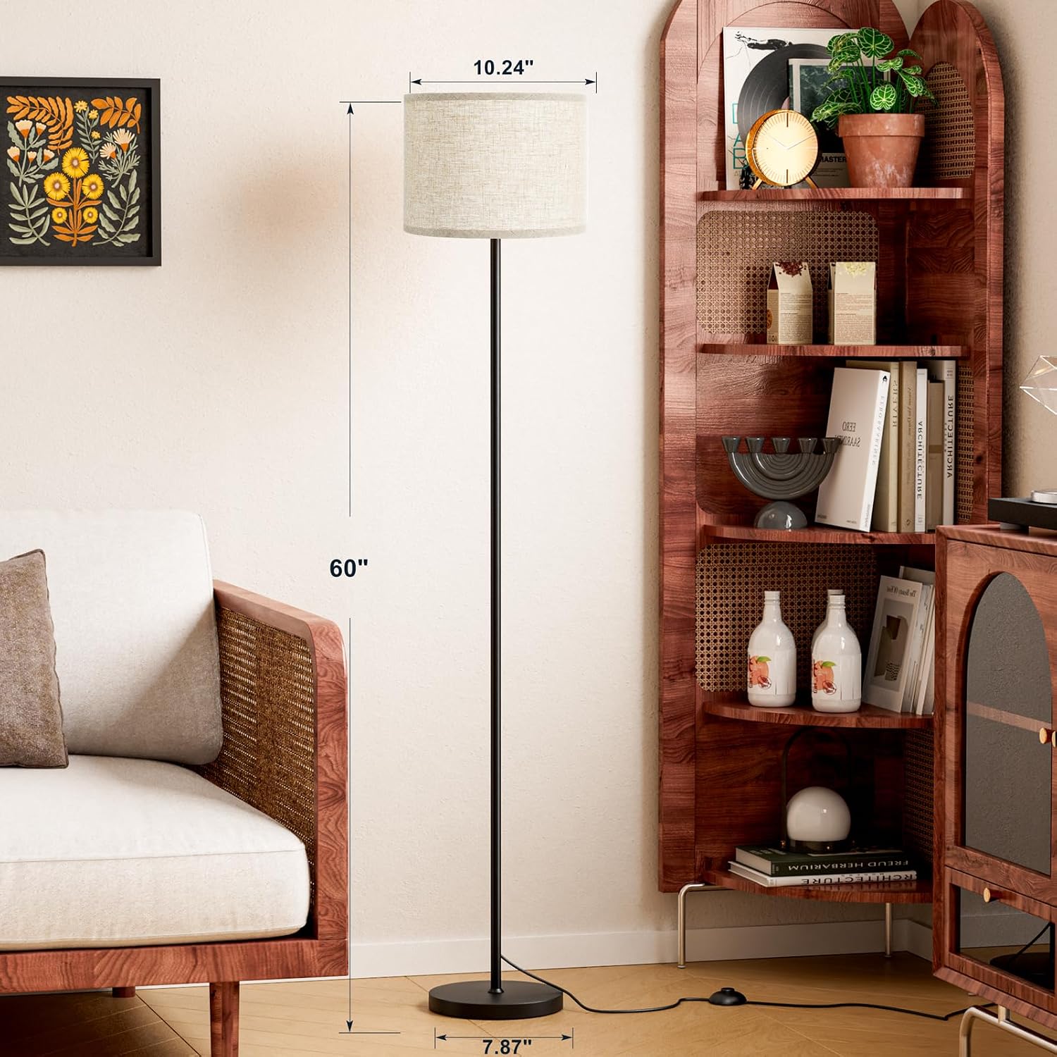 Ambimall 60'' Modern Floor Lamp with Shade, Tall Lamps for Living Room, Bedroom, Office, Dining Room, Beige Shade with Black Pole(Without B…