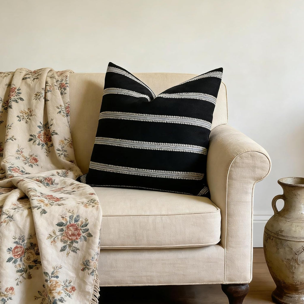 Slow Cow Decorative Textured Woven Stripe Throw Pillow Cover Modern Country Design Cushion Cover Pillow Cover 18 x18 Inches Black Mixed…