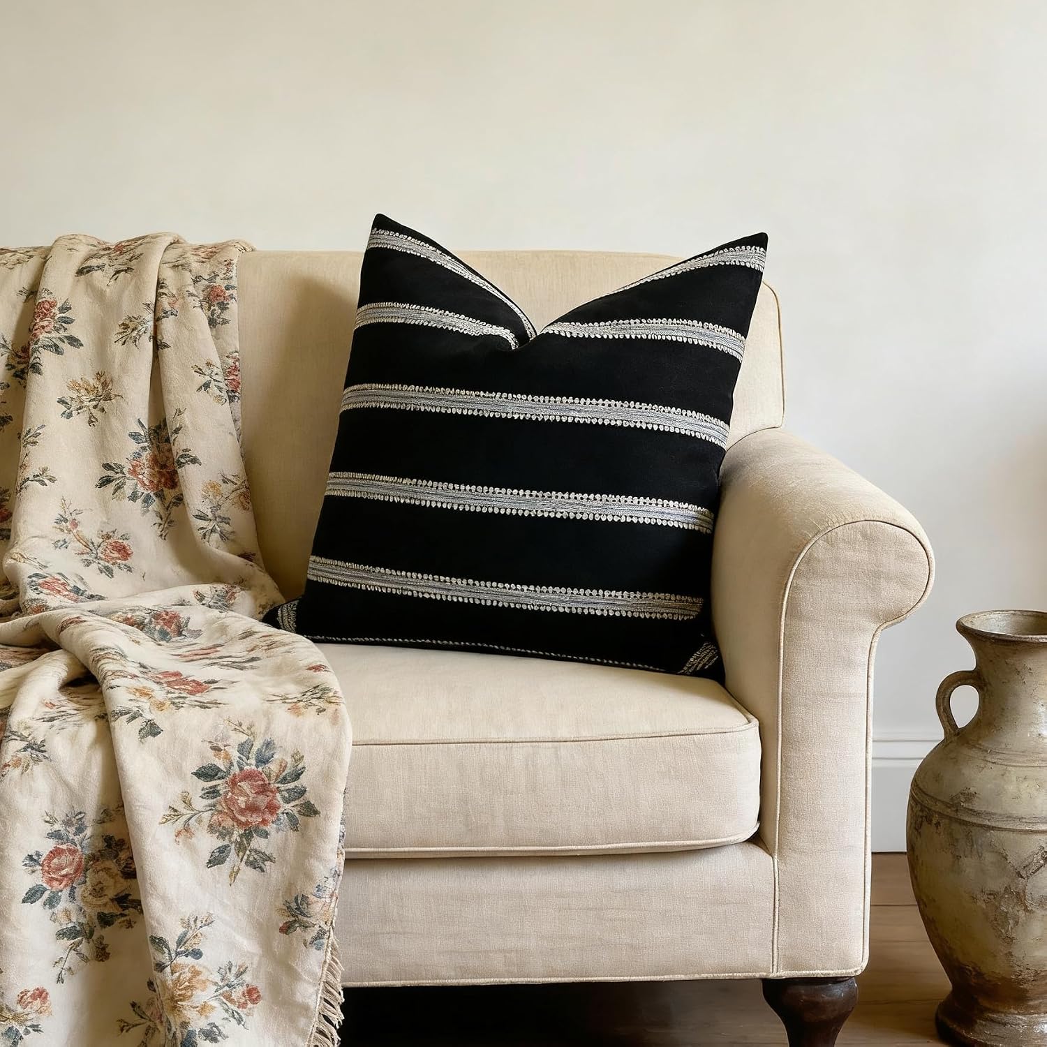 Slow Cow Decorative Textured Woven Stripe Throw Pillow Cover Modern Country Design Cushion Cover Pillow Cover 18 x18 Inches Black Mixed…