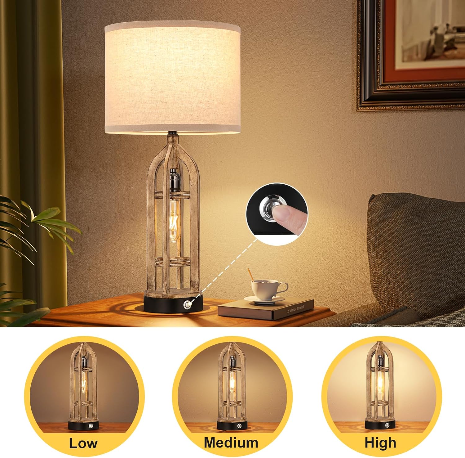 Seealle Table Lamp for Living Room Set of 2 - Wood-Like Bedside Lamp for Bedroom with USB C+A & Outlet, Farmhouse Lamps for Night Stands…
