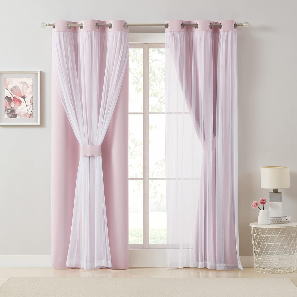 Bujasso Pink Blackout Curtains with Sheer Overlay Mix and Match Double Layer 80% Room Darkening Window Treatment Set for Girls Bedroom Livi…