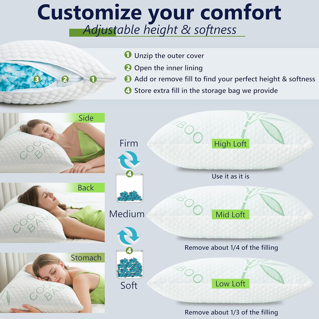 DGPEAR Cooling Pillows, Shredded Memory Foam Pillows Standard Size Set of 2 Adjustable Firm Bamboo Bed Pillows for Hot, Side, Back a…