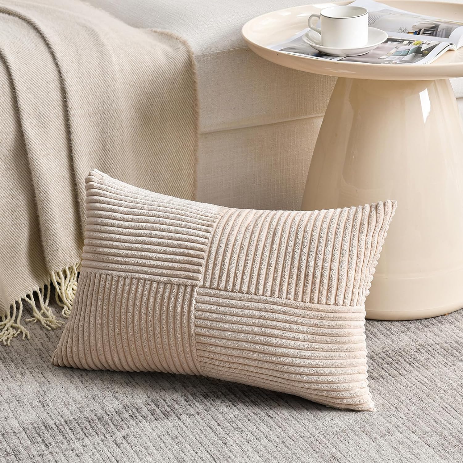 Fancy Homi 2 Packs Tan Long Lumbar Decorative Throw Pillow Covers 16x24 Inch for Couch Bed Sofa, Rustic Farmhouse Boho Home Decor, Soft…
