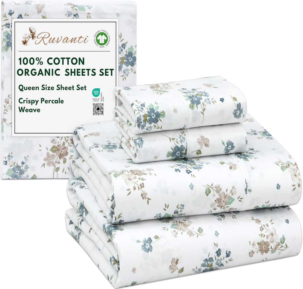 Ruvanti 100% Cotton Organic Percale Sheets Queen Size – Crisp Cooling Bed Sheets for Hot Sleepers, Deep Pocket 15”, Soft Peach Finish, Brea…