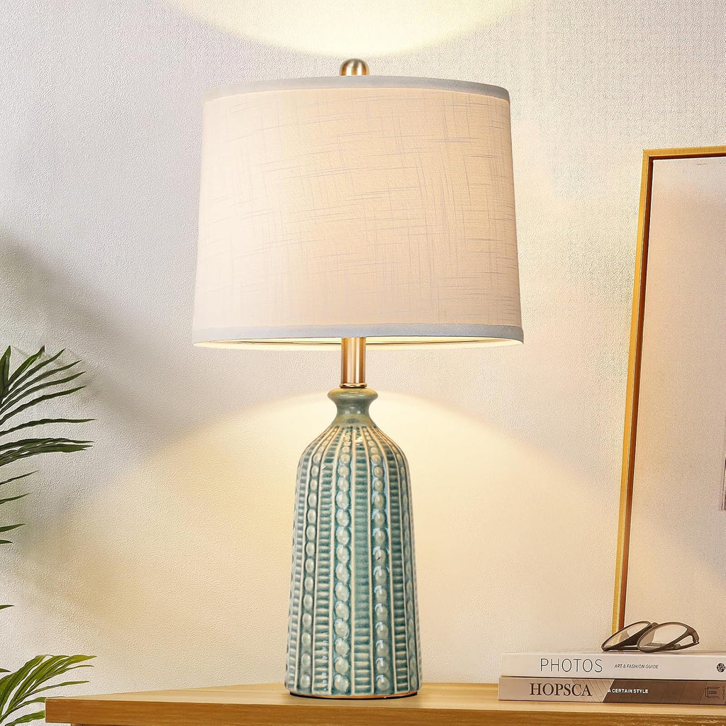 JUNNAI Green Ceramic Table Lamp 24.5": 3-Way Dimmable Nightstand Lamp with White Drum Lamp Shade | Modern Bedside Lamp for Bedrooms &…