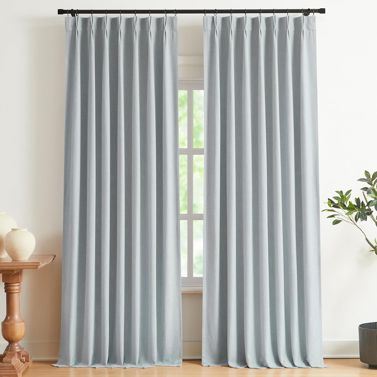 VisionHome Vision Home Blue Gray Pinch Pleated Full Blackout Curtains Linen Blended Room Darkening Window Curtains 102 inch for Living Room…