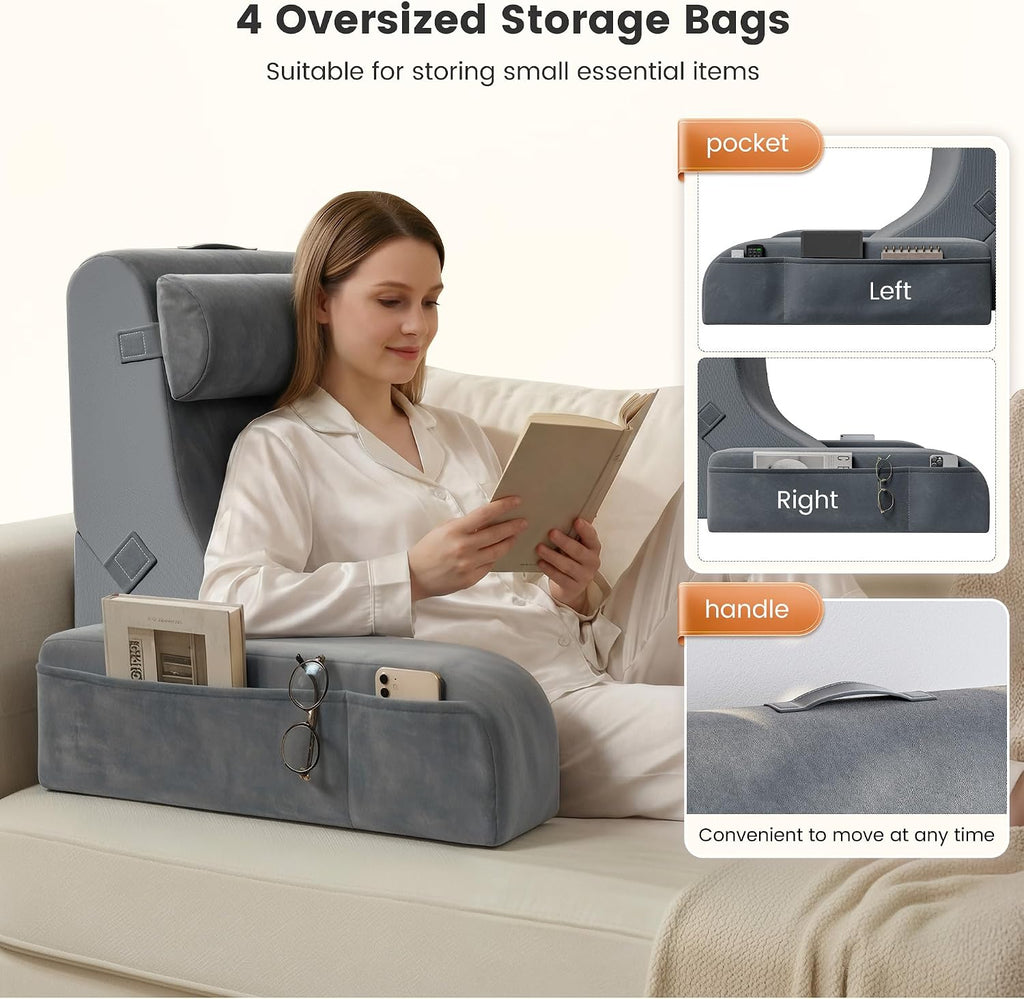 ElevateYourHome, EnhanceEver Homkdom Reading Pillow for Sitting in Bed Adult, 22" Back Pillow for Bed Sitting up with Armrests & Sto…