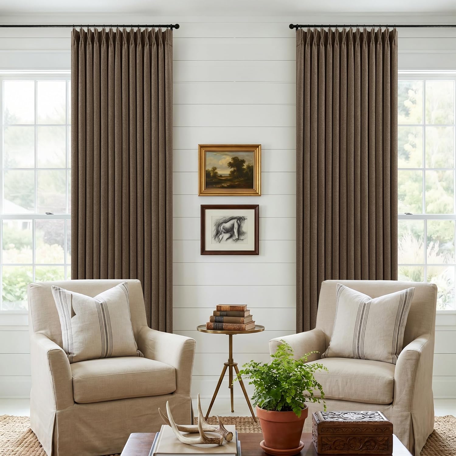 Pleated Blackout Brown Curtains 96 Inches Long 2 Panels Set for Bedroom Living Room Darkening Linen Blend Back Tab Pinch Pleat Memory…