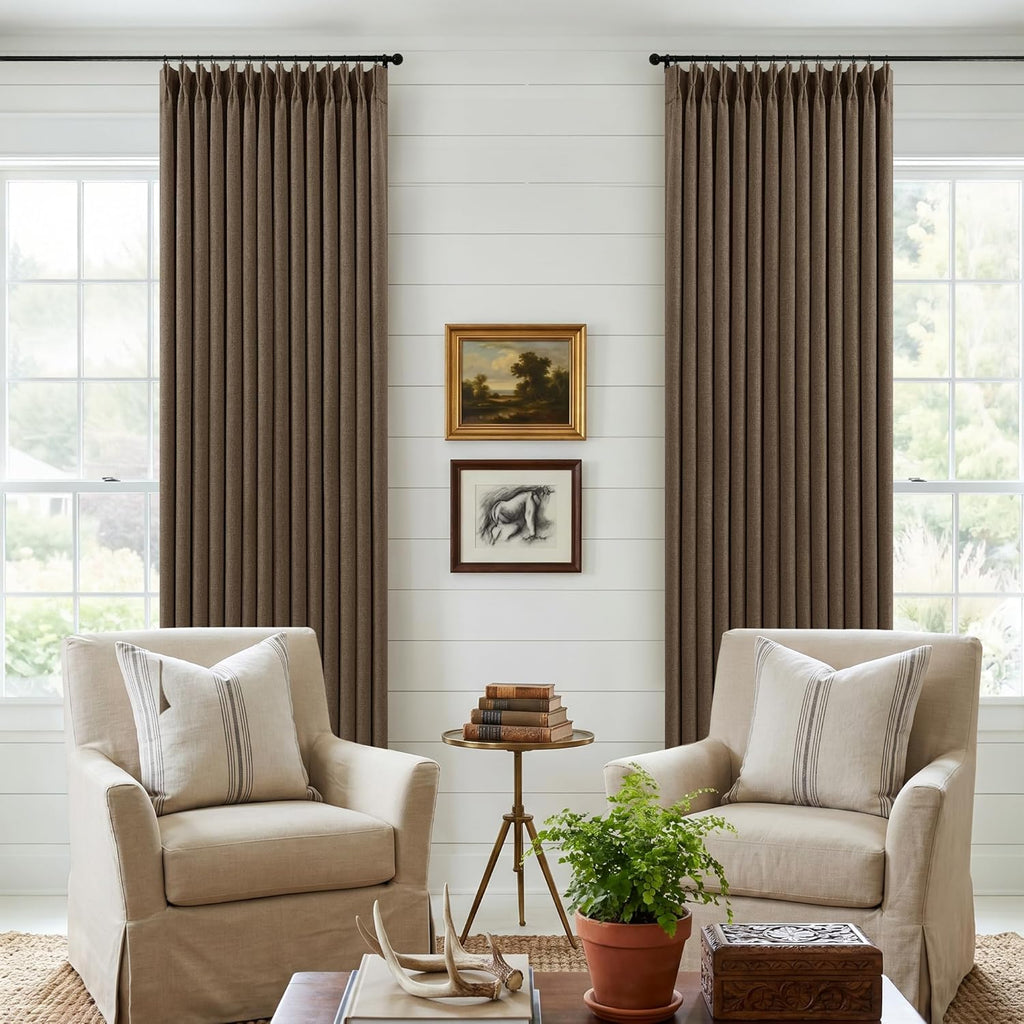 102 Inch Linen Pleated Black Out Curtains 2 Panels Set for Bedroom Living Room Darkening 100% Blackout Memory Trained Farmhouse Rustic…