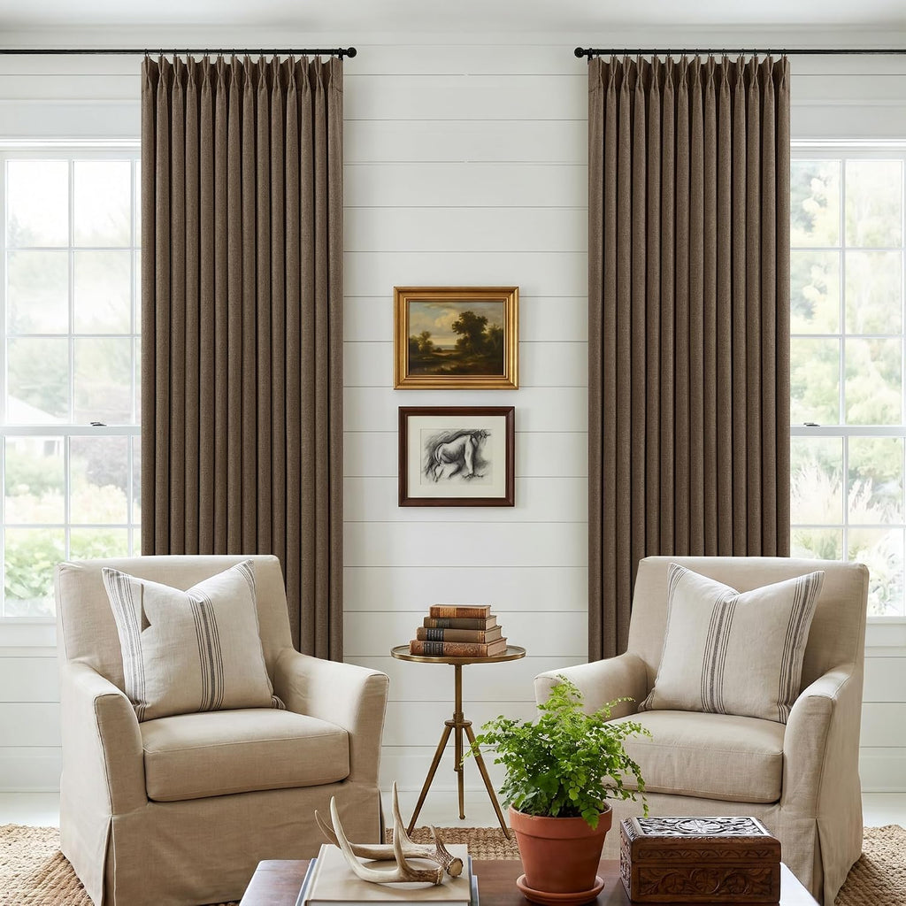 Dutch Cocoa Blackout Pinch Pleat Curtains 84 Inches Long 2 Panels for Living Room Bedroom 100% Black Out Linen Dual Layer Pleated with…
