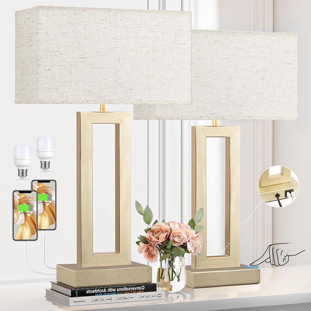 Seealle 22" Tall Bedroom Lamps for Living Room - Touch Gold Bedside Lamps with USB C+A, 3 Way Dimmable Lamp for Nightstand, Modern Night…