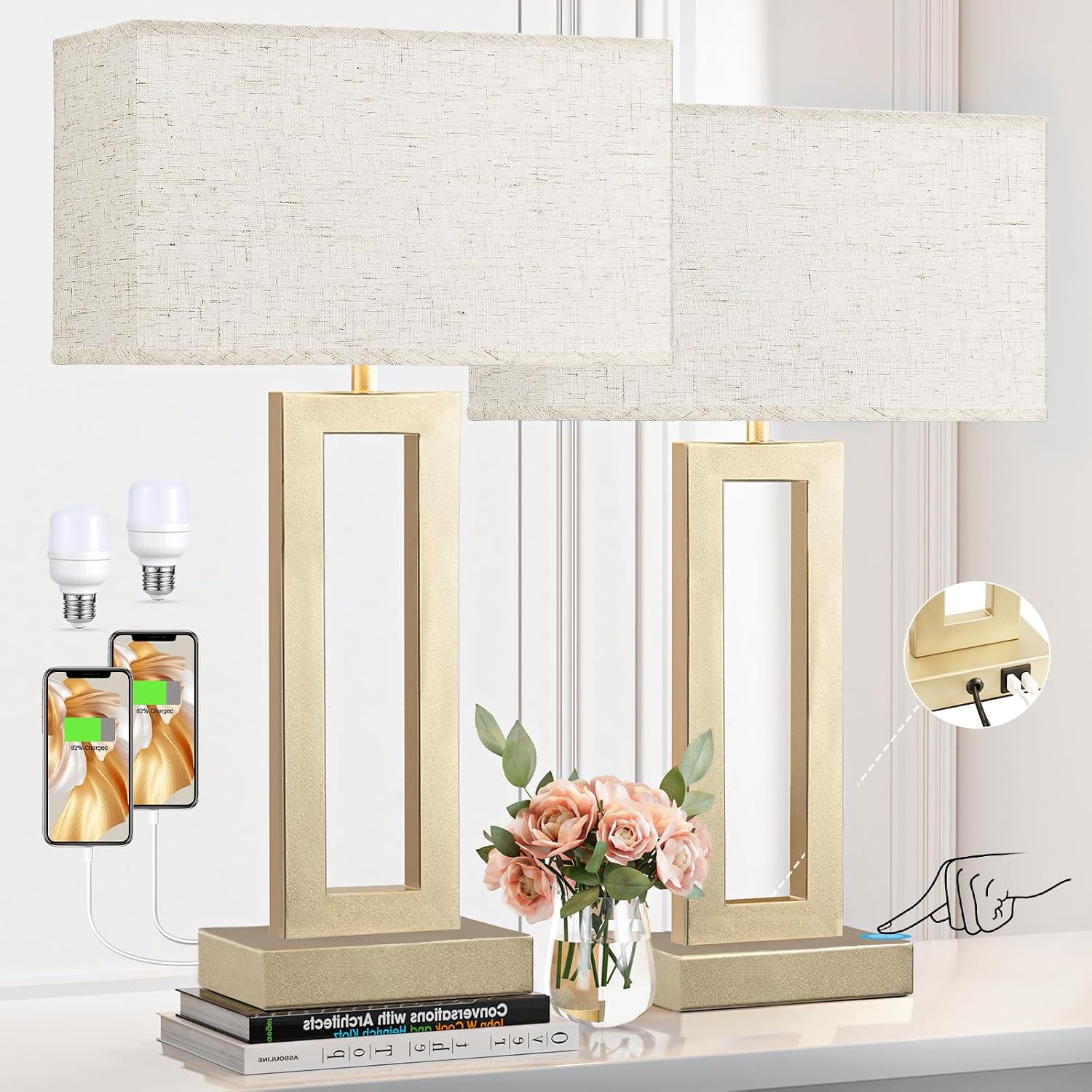 Seealle 22" Tall Bedroom Lamps for Living Room - Touch Gold Bedside Lamps with USB C+A, 3 Way Dimmable Lamp for Nightstand, Modern Night…