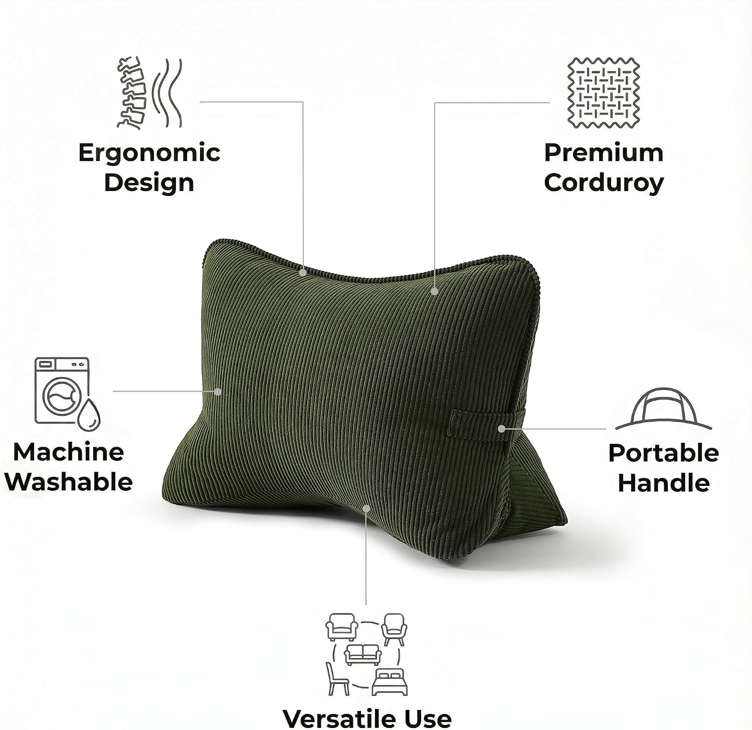 Pat. Pend. Corduroy Ergonomic Lumbar Support Pillow for Sitting Support, Triangle Back Cushion for Sofa, Armchair & Bed, Washable Cover…