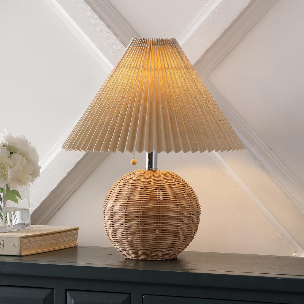 Jonathany JONATHAN Y 17.25" Natural/Chrome/Dark Beige Sphere Table Lamp, Mid-Century Bedside Nightstand with Beige Pleated Linen Shade, Sca…