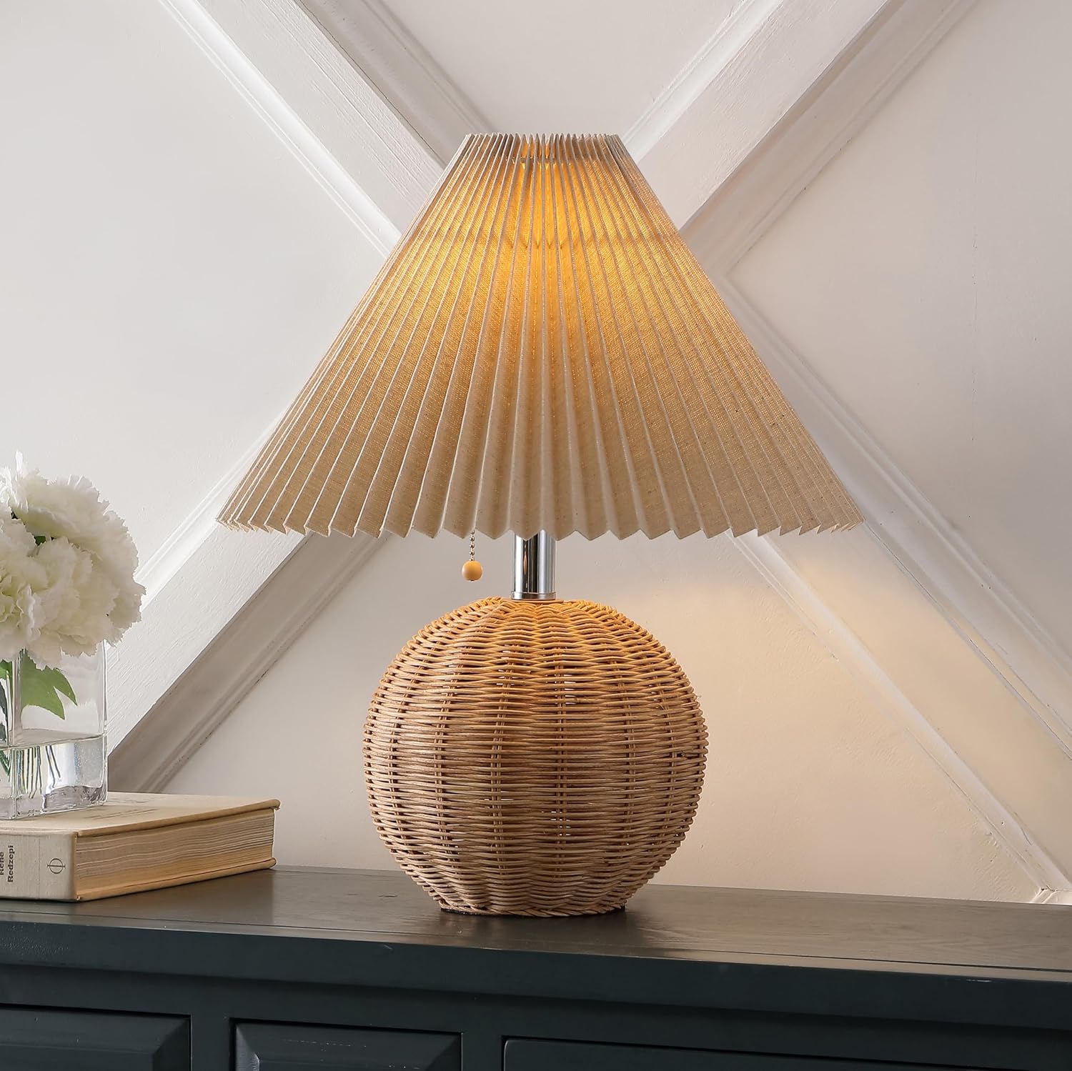 Jonathany JONATHAN Y 17.25" Natural/Chrome/Dark Beige Sphere Table Lamp, Mid-Century Bedside Nightstand with Beige Pleated Linen Shade, Sca…