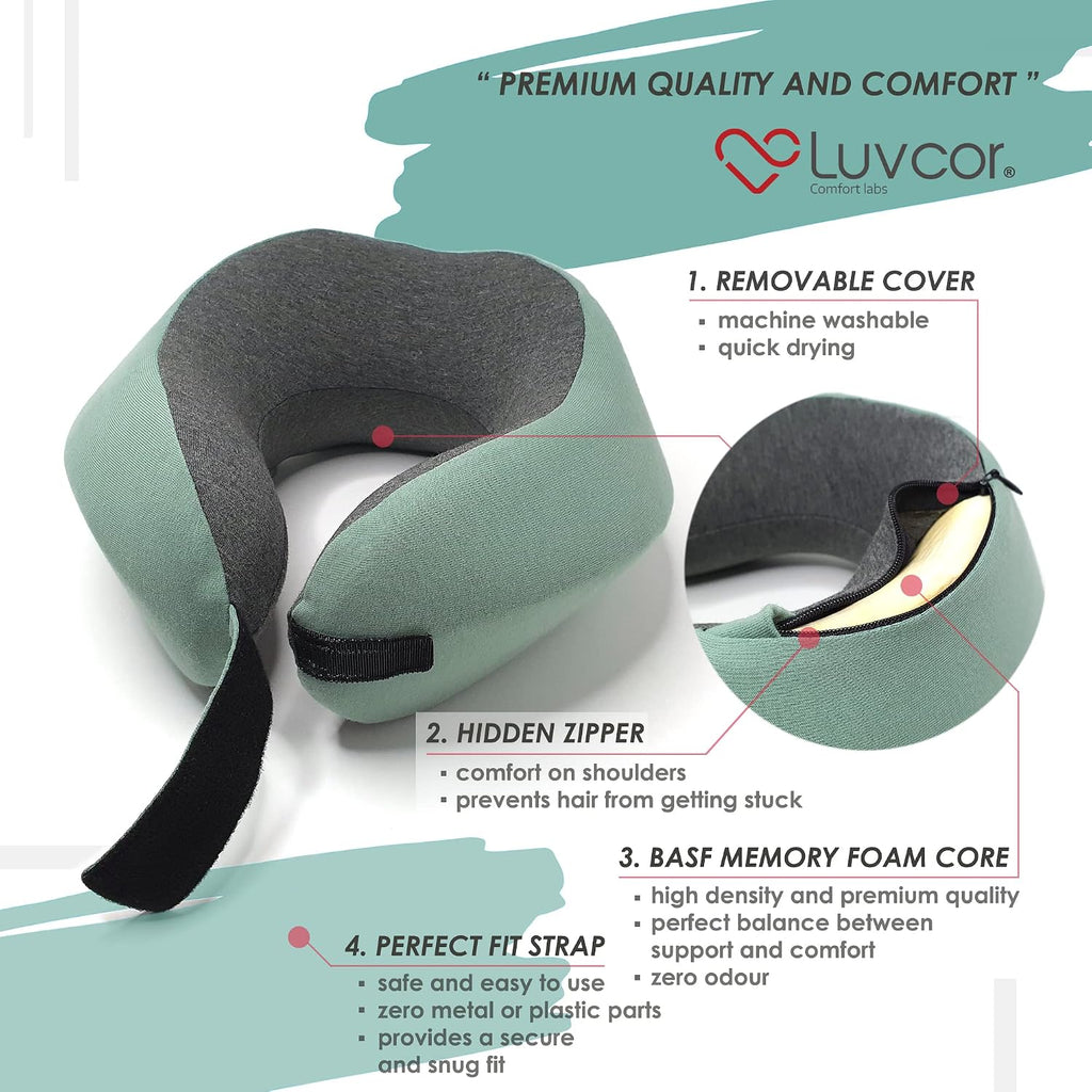 Premium Quality Memory Foam Travel Neck Pillow Bundle - Best Ergonomic Pillow for Airplane Travel, car Ride, Sleeping. Comes with Eye…