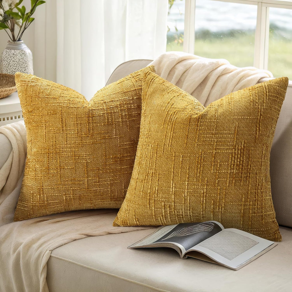 decorUhome Summer Mustard Yellow Chenille Throw Pillow Covers 18x18 Set of 2 Textured Soft Cozy Slubby Couch Pillow Covers Modern Farmhouse…