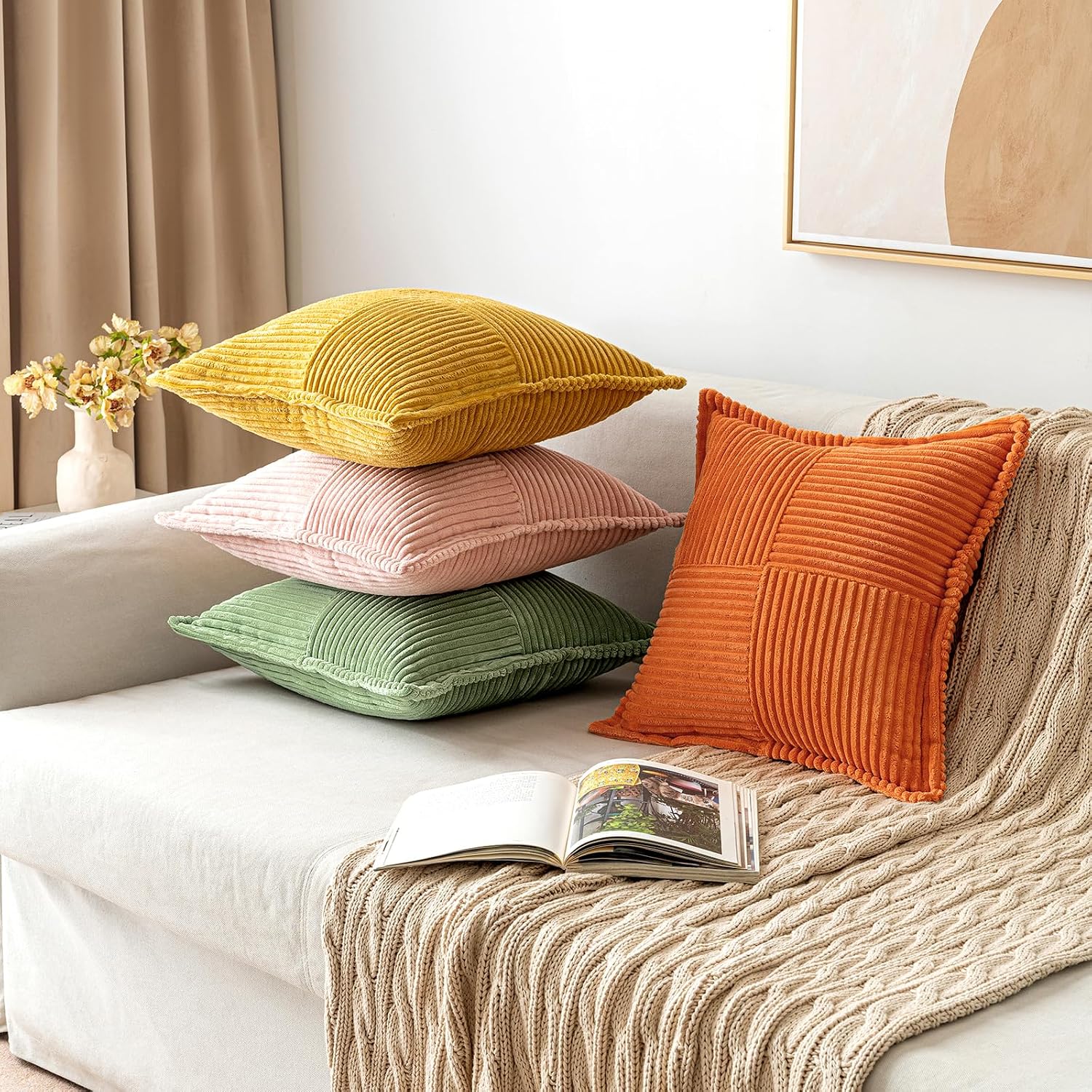 MIULEE Orange Decorative Throw Pillow Covers for Couch Bed Livingroom 18x18 Inch Set of 2 Boho Accent Throw Pllows Broadside Striped…