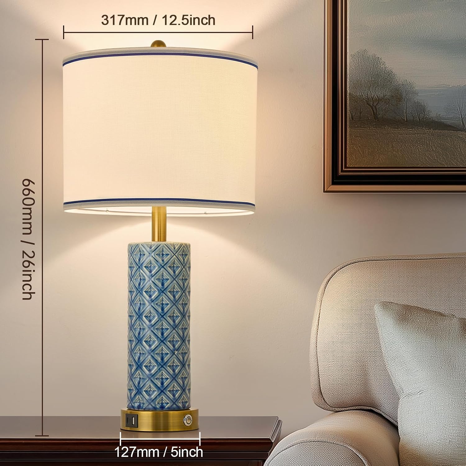 Set of 2 Table Lamp for Living Room Bedroom Farmhouse,26'' Touch Control Bedroom Aqua Blue Ceramic Lamps 3-Way Dimmable Bedside Lamps…