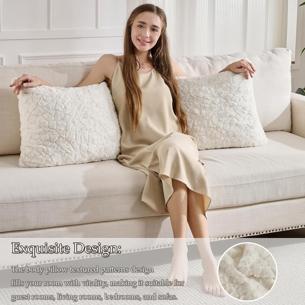 HKMR Fluffy Faux Rabbit Fur Body Pillow, Memory Foam Pregnancy Pillow for Side Sleep Body Pillow,20x54 Long Pillow for Adults-Beige 2…