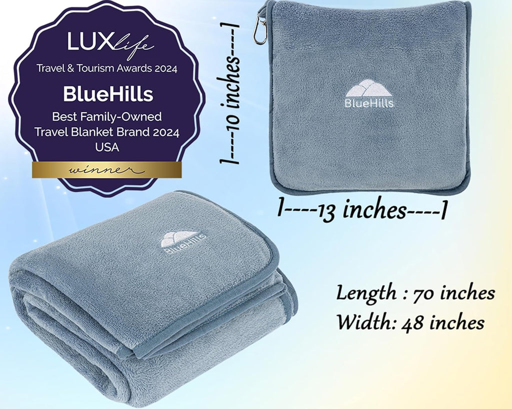 BlueHills Premium Soft Long Travel Blanket Pillow for Tall Airplane Flight Essentials Large Compact 2 in 1 Airline Throw Packable Warm…