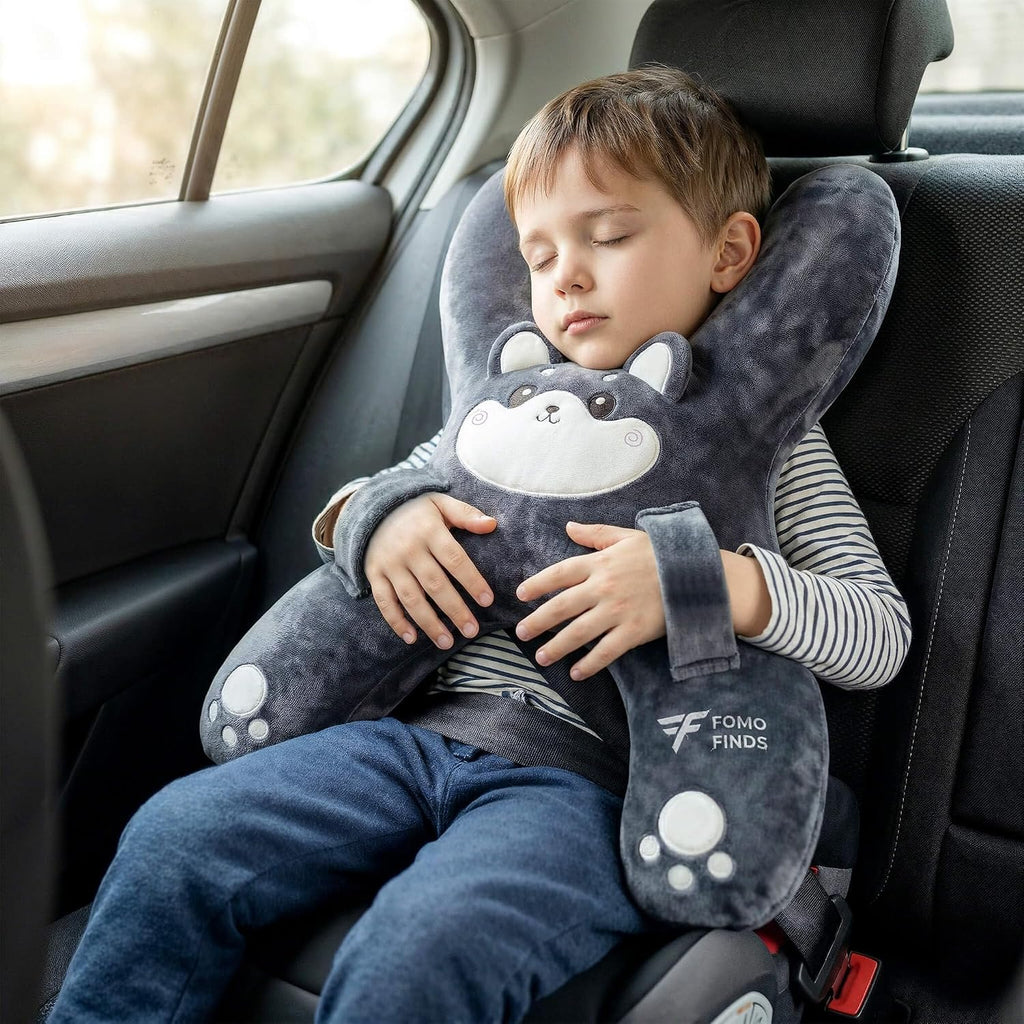 Kids Car Sleeping Pillow - X-Shaped Plush Animal for Neck & Back Support - Hands & Seat Belt Slot - Machine Washable & Compressible…