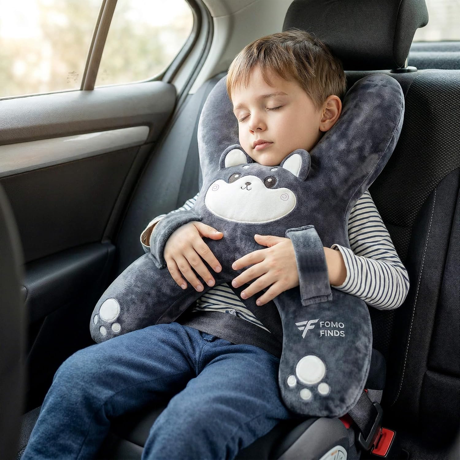 Kids Car Sleeping Pillow - X-Shaped Plush Animal for Neck & Back Support - Hands & Seat Belt Slot - Machine Washable & Compressible…