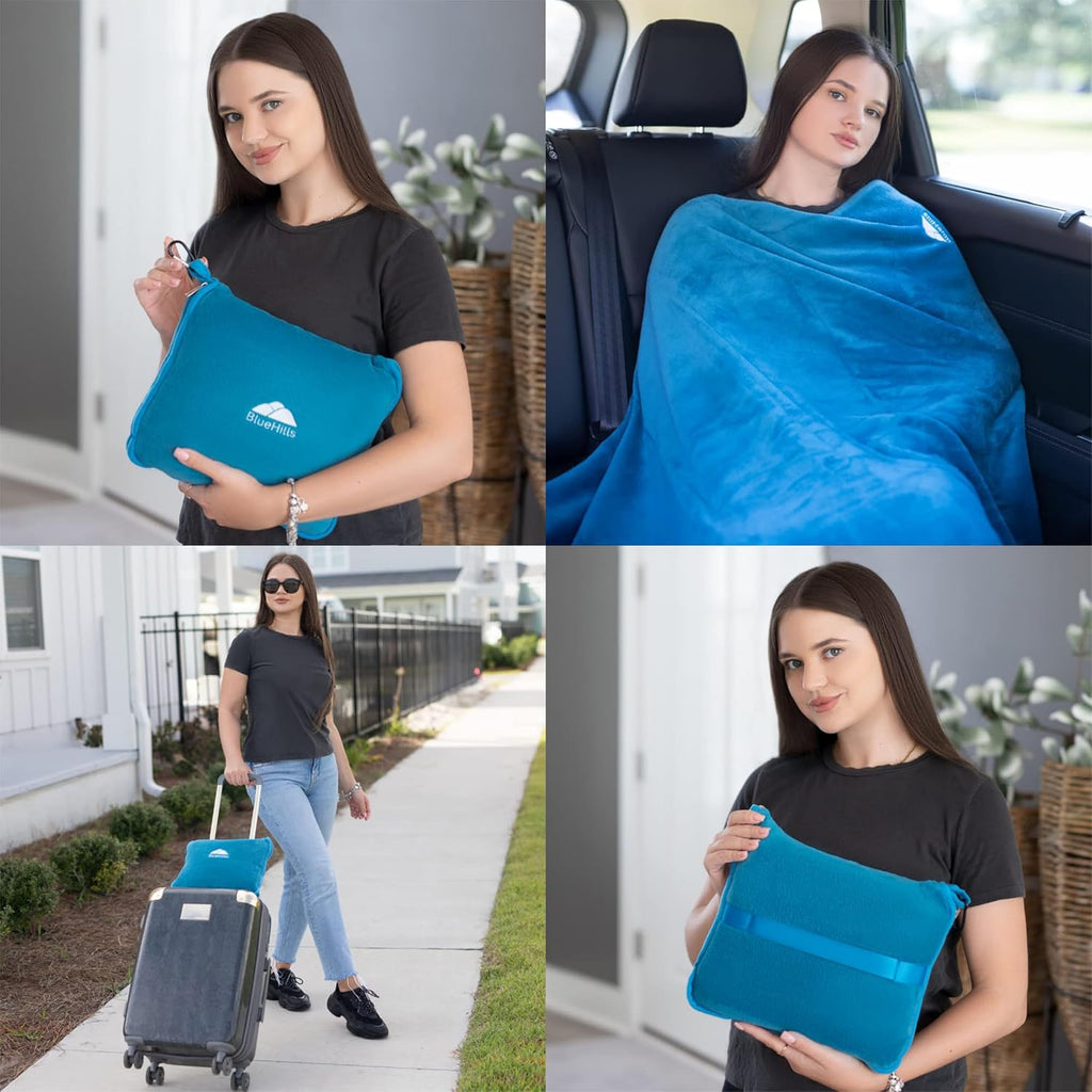 BlueHills Premium Soft Travel Blanket Pillow Airplane Blanket in Soft Bag case with Hand Luggage Belt and Carabiner Compact Pack Large…