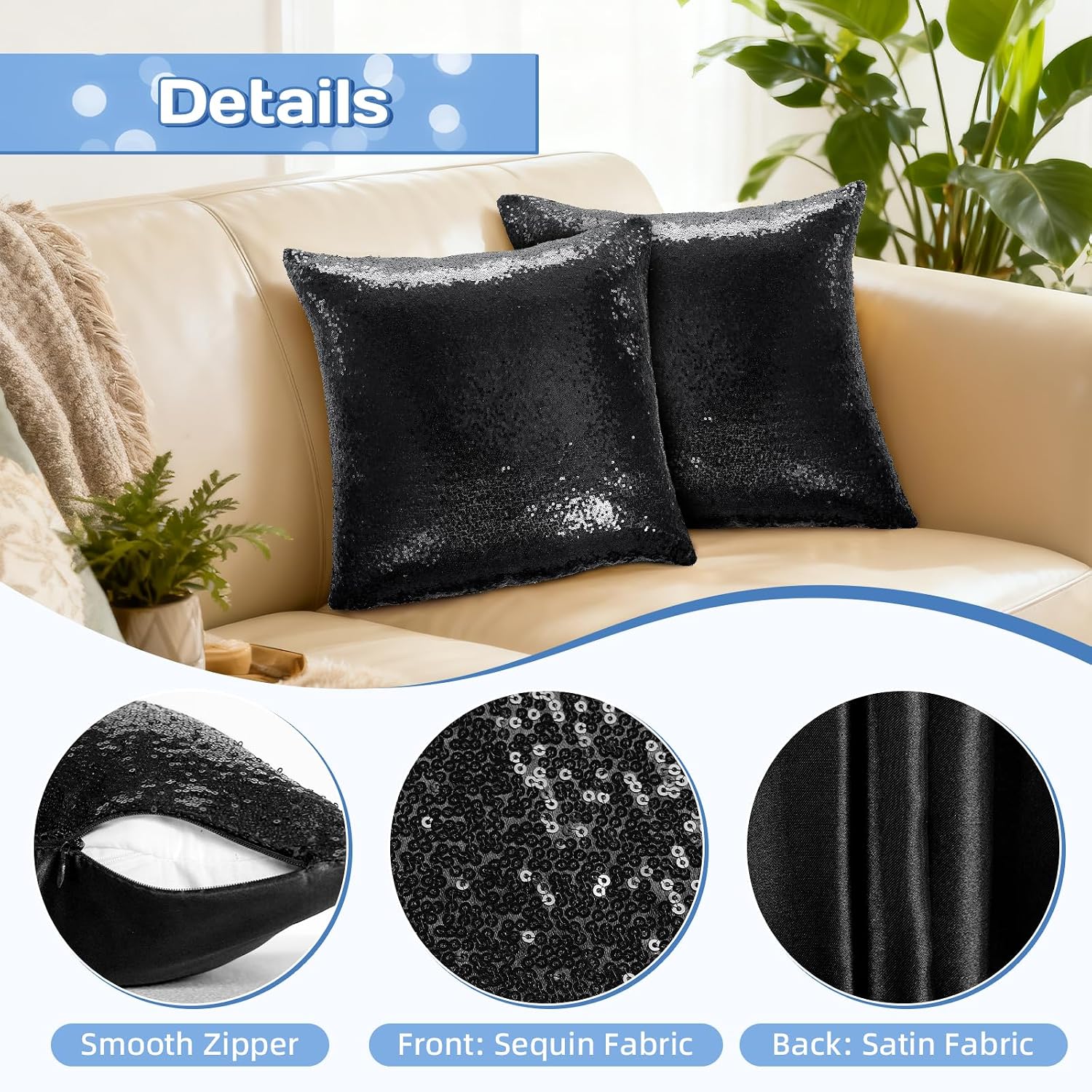 Eternal Beauty Set of 2 Sequin Decorative Pillow Cases Black Pillow Covers for Couch Bed Throw Pillows 18 X 18 Inches
